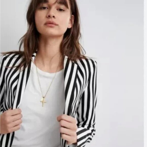 New ZARA Monochrome Striped Long Line Women's Blazer Sz XL - Picture 2 of 9